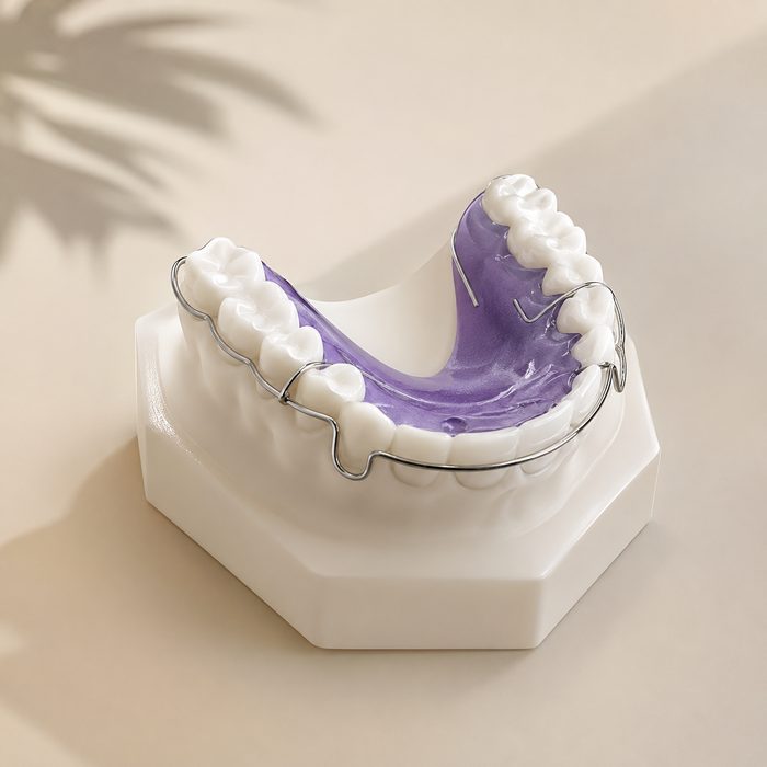 Wraparound retainer with wire around back and front teeth